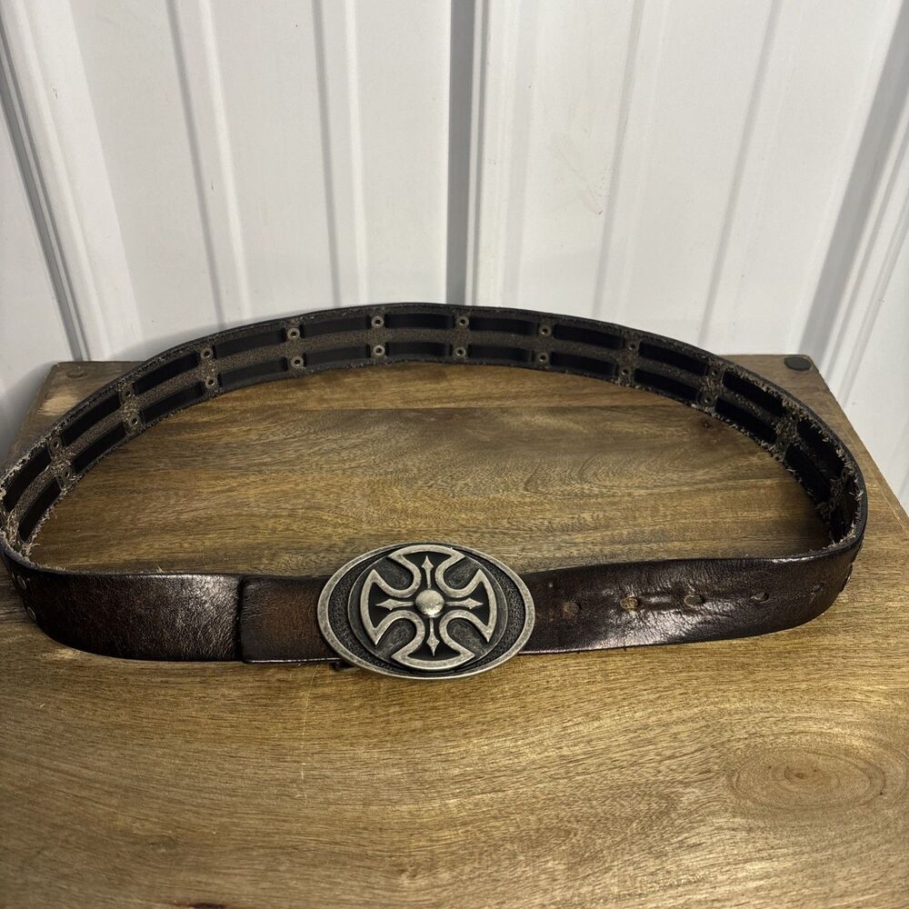 Maltese Cross Belt Buckle on Brown Leather Studded 41.5 In Belt